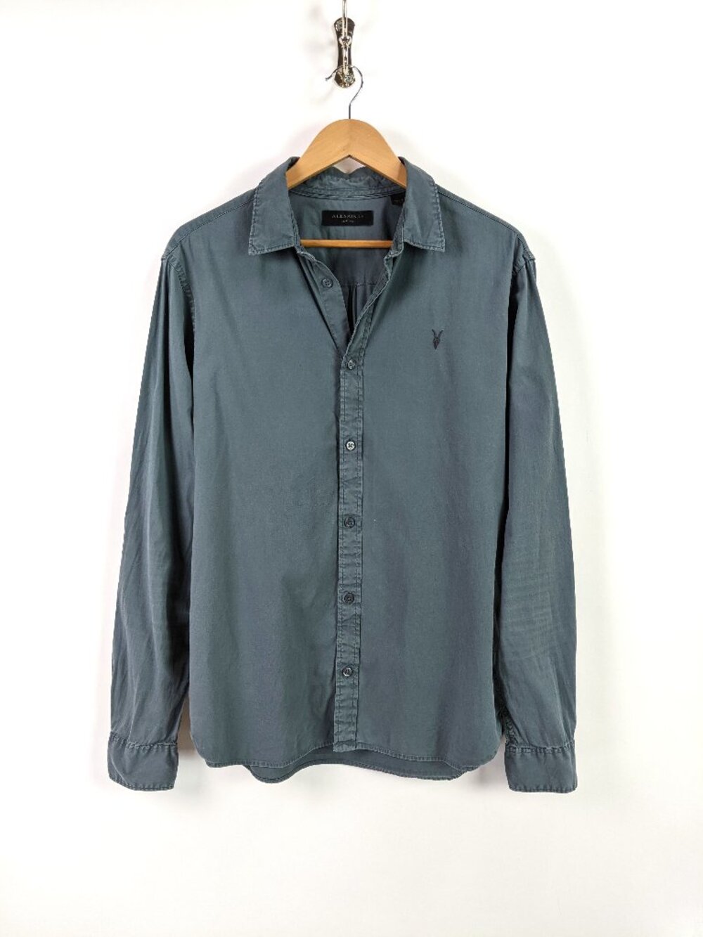All Saints Mens Hawthorne Long Sleeve Button Down Shirt Gray Green Size M